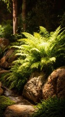 Fototapeta premium Lush green ferns grow beside a mossy stream flowing over rocks in a shaded forest setting