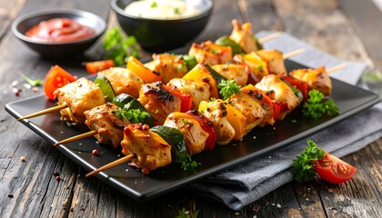 Delicious Grilled Chicken and Vegetable Skewers on Black Plate