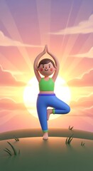 A cheerful, stylized character performs the Tree Pose yoga asana against a vibrant sunrise sky.