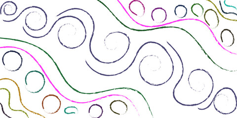 Creative swirl and wave doodle illustration with circular elements in bright colors on white backdrop. Decorative abstract texture suitable for wallpaper, fabric, covers, packaging, and graphic design
