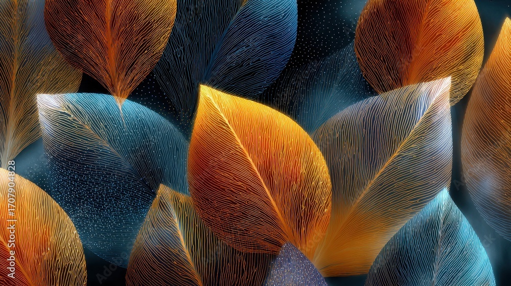 Poster abstract pattern of luminous textured leaves in warm and cool color gradients