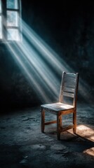 Old wooden chair illuminated by strong sunbeams streaming through a window in a dark room