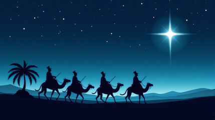 The way of hope, Camel Caravan in Desert at Night with Crescent Moon