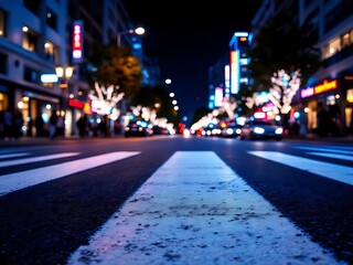 Obraz premium Low angle shot of a city street at night with blurred traffic lights and buildings creating a vibrant urban atmosphere, perfect for backgrounds