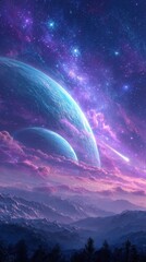 Two large celestial bodies hover above a mountainous landscape under a star filled purple and blue nebula