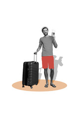 Vertical photo collage of happy man hold suitcase summer travel preparation tourist passport...
