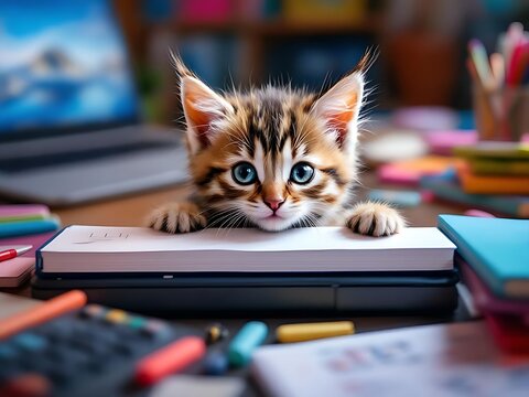 Adorable tabby kitten with bright blue eyes peeking over a desk filled with school supplies, creating a charming and heartwarming scene of a curious feline exploring a learning environment