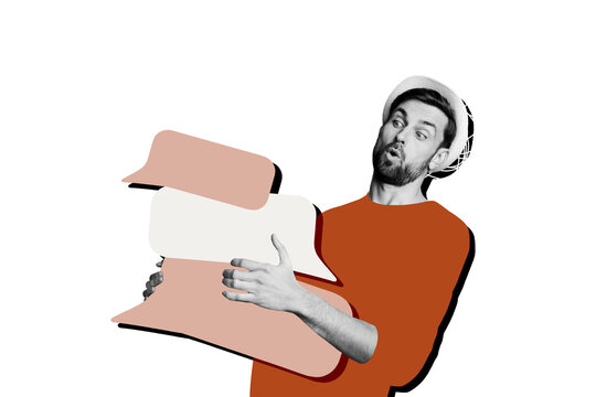 Composite photo collage of astonished man hold pile text box communication concept phrase message speech isolated on painted background - Powered by Adobe