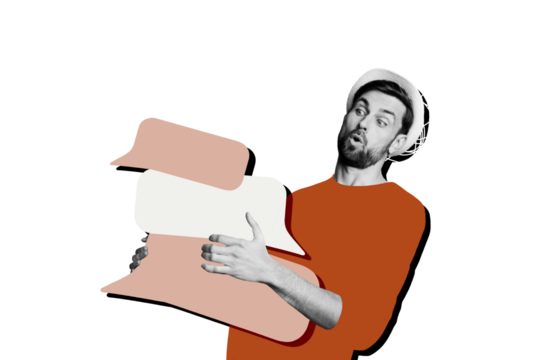 Composite photo collage of astonished man hold pile text box communication concept phrase message speech isolated on painted background - Powered by Adobe