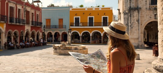 Traveler explores historical architecture in valladolid mexico with map for vacation adventure trip planning