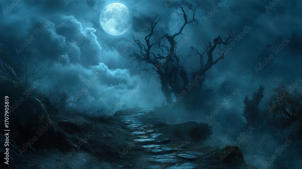 Poster a haunting landscape features a moonlit path leading through twisted trees and mist, creating an eer