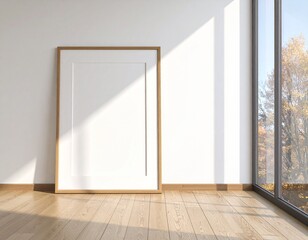 Fototapeta premium Large vertical picture frame mockup on a hardwood floor by a window with an autumn view.