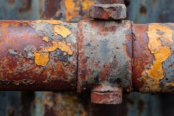 Rusty metal pipe with peeling yellow paint and corroded bolts showing weathered texture and decay on industrial equipment