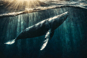 Majestic Humpback Whale Swimming in Sunlit Ocean Depths
