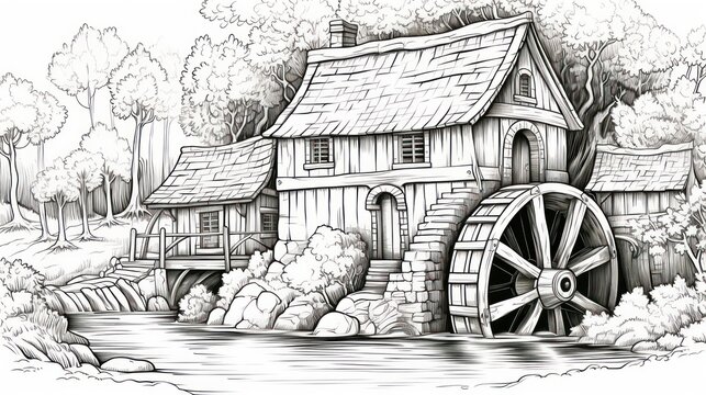 Charming countryside watermill drawing