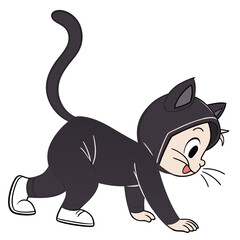 Vector art of cute baby in a black cat costume crawling