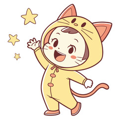 Vector art of adorable little boy in a cat costume waving