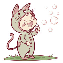 Vector art of happy baby in a cat costume blowing bubbles