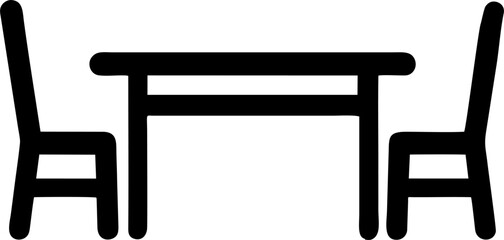 Minimalist vector icon of a dining table with two chairs, symbolizing family meals. Simple geometric lines, flat design, modern and balanced composition,