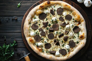 Freshly baked truffle pizza topped with melted cheese, fresh herbs, and garlic on wooden board, creating delicious and appetizing gourmet meal