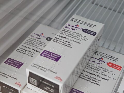 Prague, Czech Republic -September 4 2025:MOUNJARO KWIKPEN with TIRZEPATIDE active substance by ELI LILLY, used for type 2 diabetes and weight management.	
