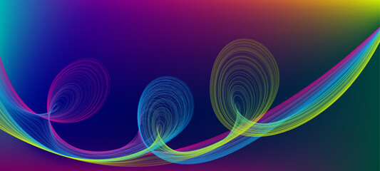 Abstract neon lines vector background. Wavy lines and spirals create a colorful background. The futuristic design with a gradient color scheme is suitable for technology, music, or corporate themes.