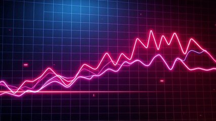3D futuristic line chart with glowing neon lines on dark grid background, modern cyberpunk infographic design.