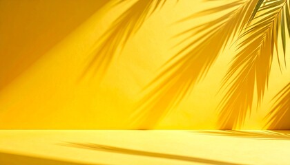 Yellow Background with Palm Leaf Shadows, Tropical Aesthetic.