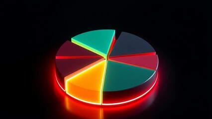 Obraz premium 3D neon glowing pie chart infographic on dark background, futuristic cyberpunk data visualization.