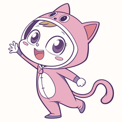 Vector art of cute baby in a pink cat costume waving