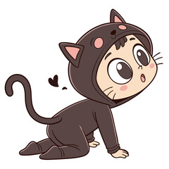 Vector art of adorable baby in black cat costume crawling