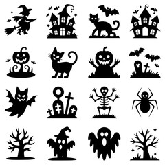 Halloween Silhouette Icon Set – Witch, Haunted House, Pumpkin, Ghost, Cat, and Spooky Vector Collection