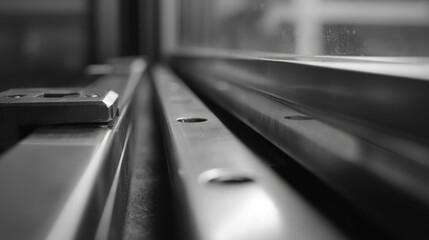Closeup of steel elevator rails and bracket with shallow focus in black and white