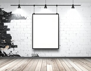 Blank vertical poster frame mockup on a distressed black and white brick wall illuminated by spotlights.