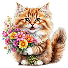 Pretty little kitten with a bouquet of flowers. Greeting card, watercolor imitation.
