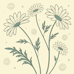 Vector art of hand drawn daisy flowers with leaves and dots on a light yellow background