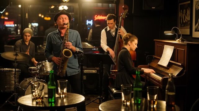 Live Jazz Band Performance in a Dimly Lit Bar with Saxophone, Piano, Drums, and Bass