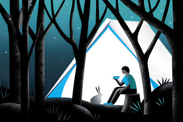 森の中でキャンプをする人とうさぎ
