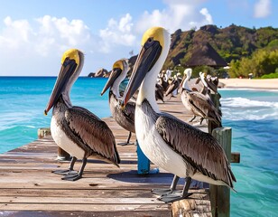 Pelicans on a tropical wooden dock