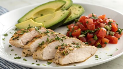 Delightful butterfly chicken served with fresh avocado and vibrant tomato salsa in a sunlit kitchen setting