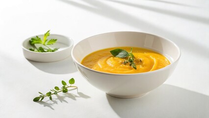 Explore the elegance of fine dining with a vibrant bowl of puree garnished with fresh herbs under soft natural light