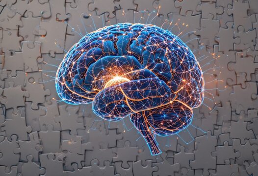 Rompecabezas cerebral abstracto y brillante completado con su &uacute;ltima pieza, que representa la curaci&oacute;n terap&eacute;utica, el bienestar mental y la cognici&oacute;n equilibrada