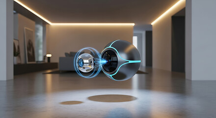 Futuristic spheres levitating in a modern, sleek interior