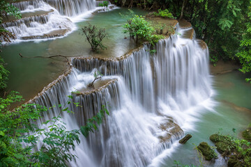 Aerial view of Huay Mae Khamin waterfall in lush forest National Park, Tier 4 Chat Kaeo, Kanchanaburi, Thailand