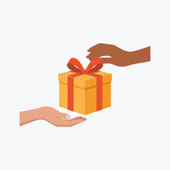 Hand giving a yellow gift box with a red ribbon to another hand Keywords: hand, giving, gift, present