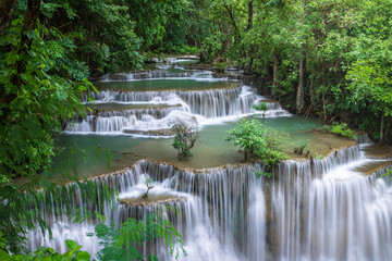 Tiered waterfall in tropical rainforest at Huay Mae Khamin National Park, Tier 4 Chat Kaeo, Kanchanaburi, Thailand