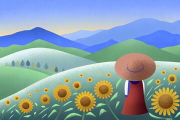 山をバックに丘の上のヒマワリ畑と人の後ろ姿
