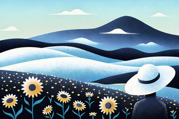 山をバックに丘の上のヒマワリ畑と人の後ろ姿
