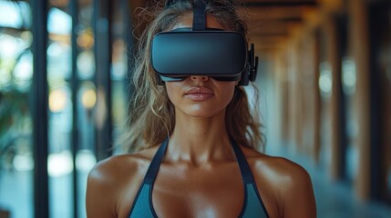 Woman uses VR headset for fitness