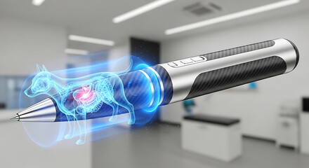 Futuristic pen projecting a holographic animal anatomy scan